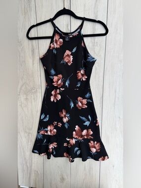 Aqua Black Floral High-Neck Halter Fit and Flare Ruffled Tulip Hem Dress XS EUC